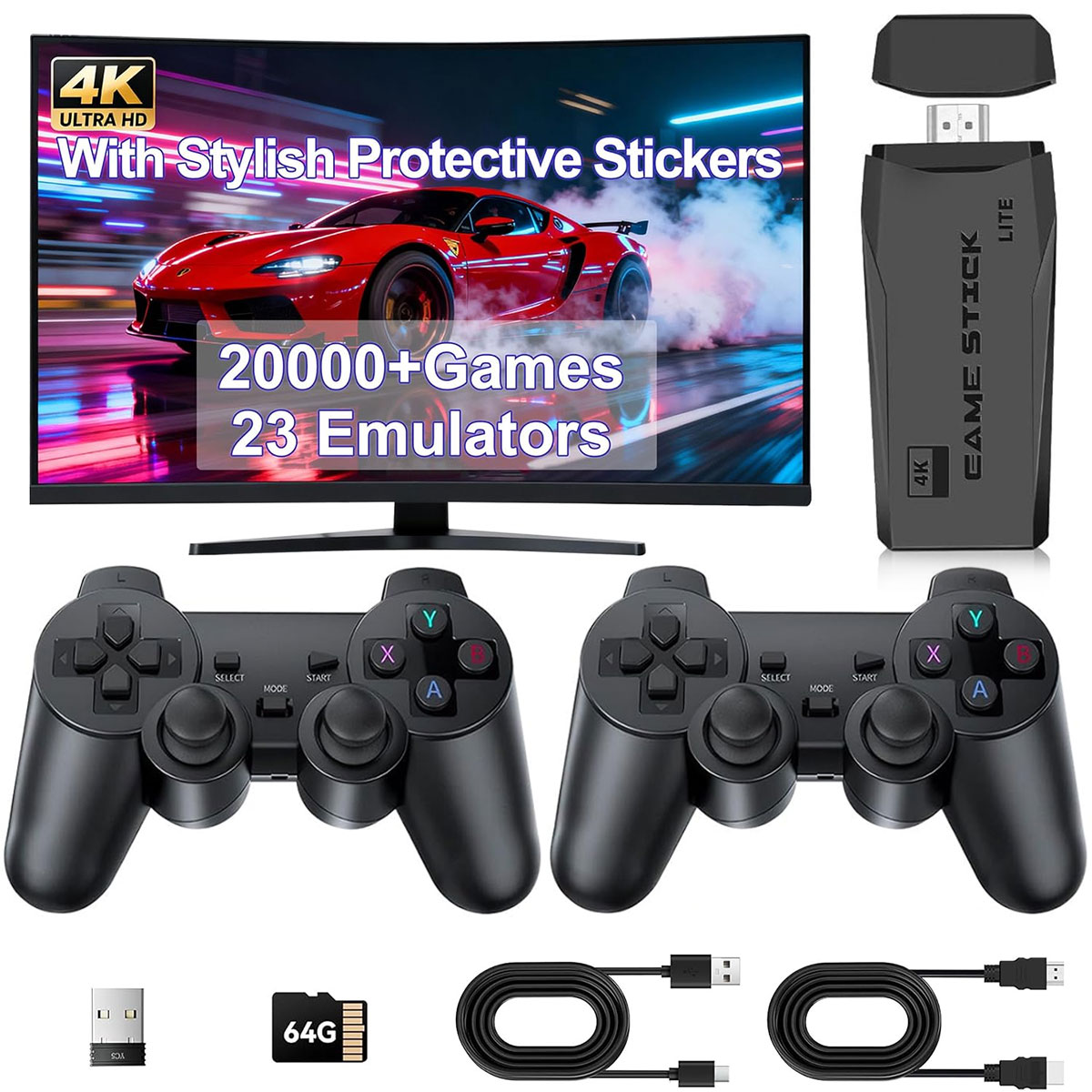 Retro Gaming Hdmi Stick - M8ゲームコンソール 20000以上のゲームエミュレーター 4K HDMI出力 レトロゲームシステム デュアル2.4Gワイヤレスコントローラー付き