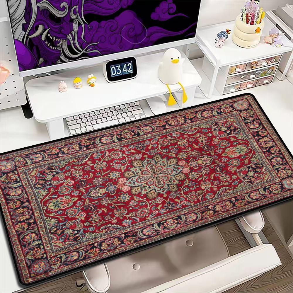 Retro Gaming Rug - ヴィンテージペルシャ絨毯柄大型マウスパッド、滑り止めデスクマット、レトロオリエンタルカーペットゲーミングキーボードパッド（オフィス用）