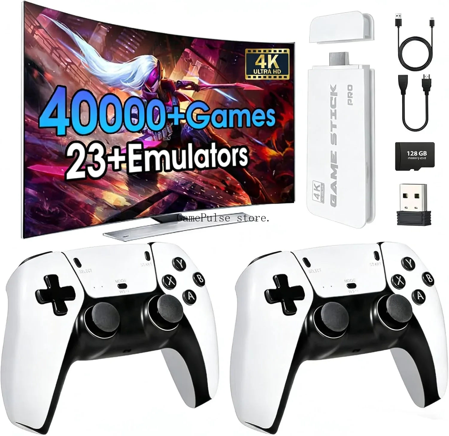 Retro Gaming Hdmi Stick - GamePulse 新型ワイヤレスレトロゲーム機、20000以上のゲーム搭載、デュアル2.4Gワイヤレスコントローラー付き、プラグアンドプレイ4K HDMI TVゲームスティック