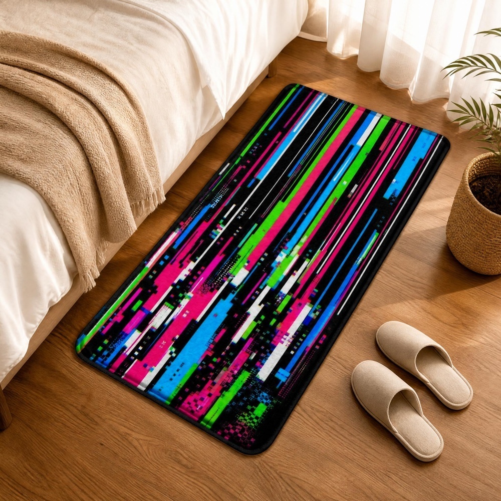 Retro Gaming Rug - サイバーパンクグリッチカラフルな縦縞プリントフランネルランナーラグ、レトロピクセルゲーミングノンスリップベッドサイドフロアマット、装飾カーペット