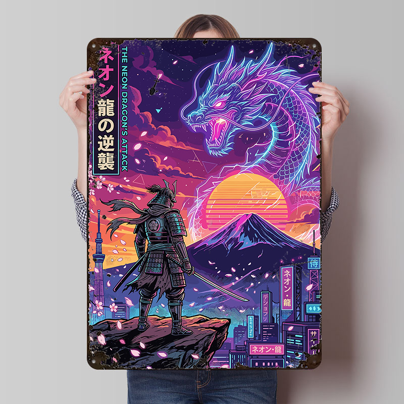 Retro Gaming Tokyo - サムライvsネオンドラゴン サイバーパンク東京ポスター カスタマイズされたヴィンテージメタルサイン ウォールアート レトロブリキ飾り板 装飾用ゲーム用