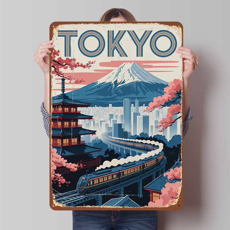 Retro Gaming Tokyo - 東京旅行 トレインと塔の絵柄ブリキポスター カスタムウォールアート ヴィンテージメタルサイン レトロブリキ飾り板 装飾用ゲーム用