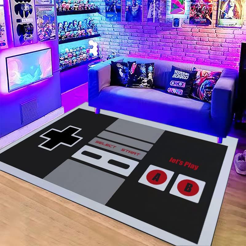 Retro Gaming Rug - ビンテージNESコントローラーをテーマにしたラグ、滑り止めマット（「Let's Play」の言葉入り）、ゲームルーム＆寝室用、レトロテック装飾カーペット