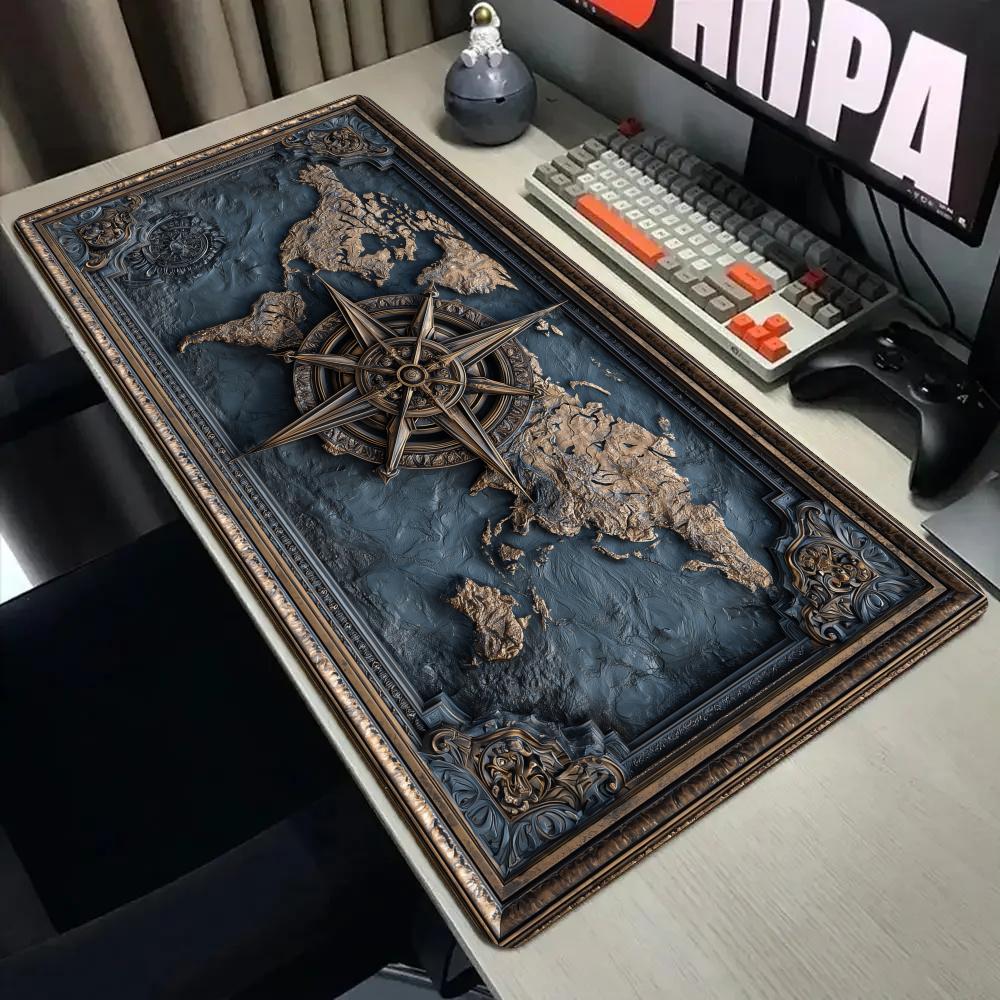 Retro Gaming Rug - レトロなコンパスと地図柄のマウスパッド、縫い目のあるエッジ付きXXLマウスパッド、滑り止めゴム製ゲーマーキーボードマット、ゲーミングマット