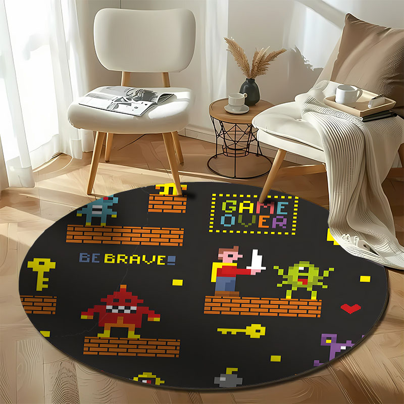 Retro Gaming Rug - 送料無料！ 子供のプレイルーム用のピクセル状のレトロなゲーム用ラグ、家庭用ソファ寝室用の丸いカーペット、ギフト