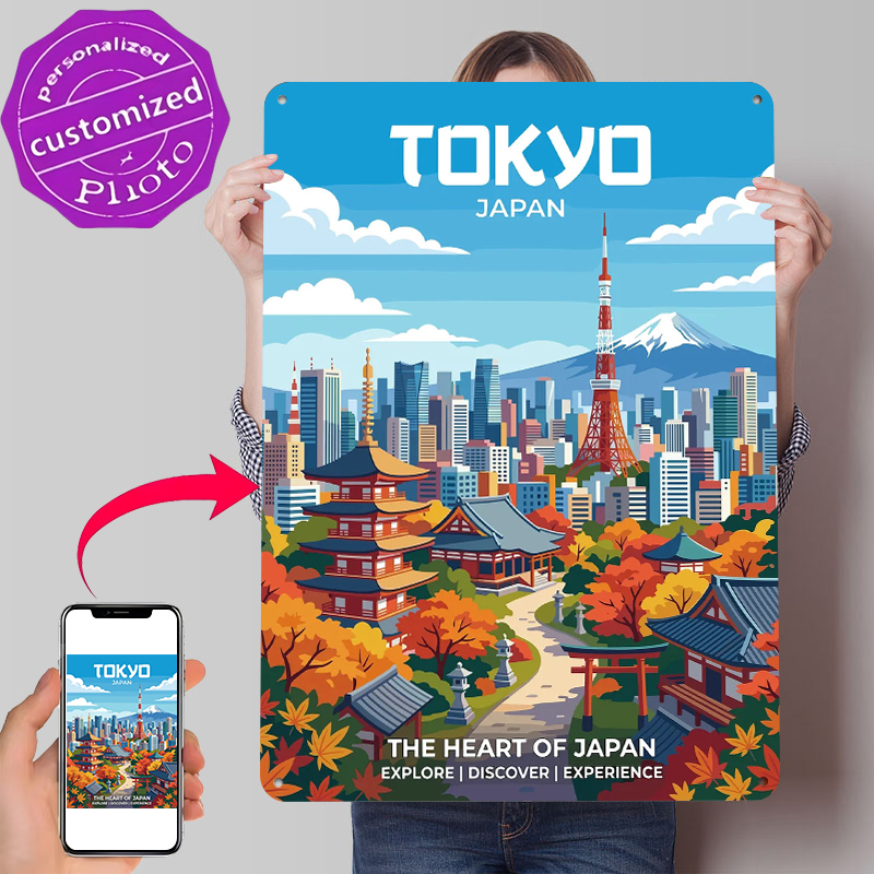 Retro Gaming Tokyo - 東京の街並みと富士山プリントポスター カスタマイズされたウォールアート レトロヴィンテージメタルティンサイン ゲームルームの装飾に最適