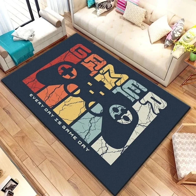 Retro Gaming Rug - ゲーミングeスポーツラグ ブラック コントローラー＆ピクセルデザイン | 滑り止めフロアマット 子供用プレイルーム