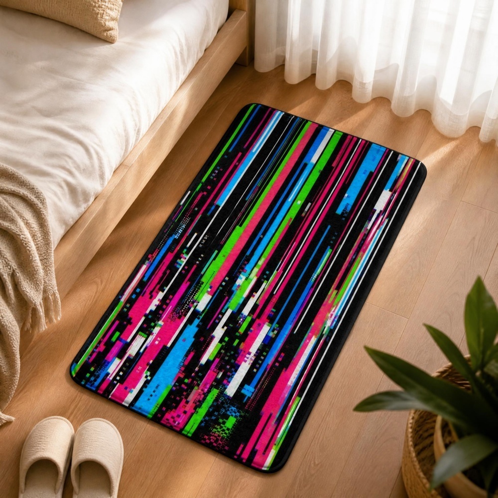 サイバーパンクグリッチカラフルな縦縞プリントフランネルランナ - Retro Gaming Rug のレビューと価格