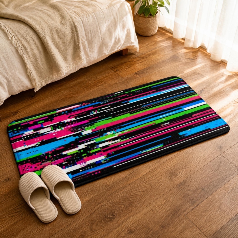 サイバーパンクグリッチカラフルな縦縞プリントフランネルランナ - Retro Gaming Rug のレビューと価格