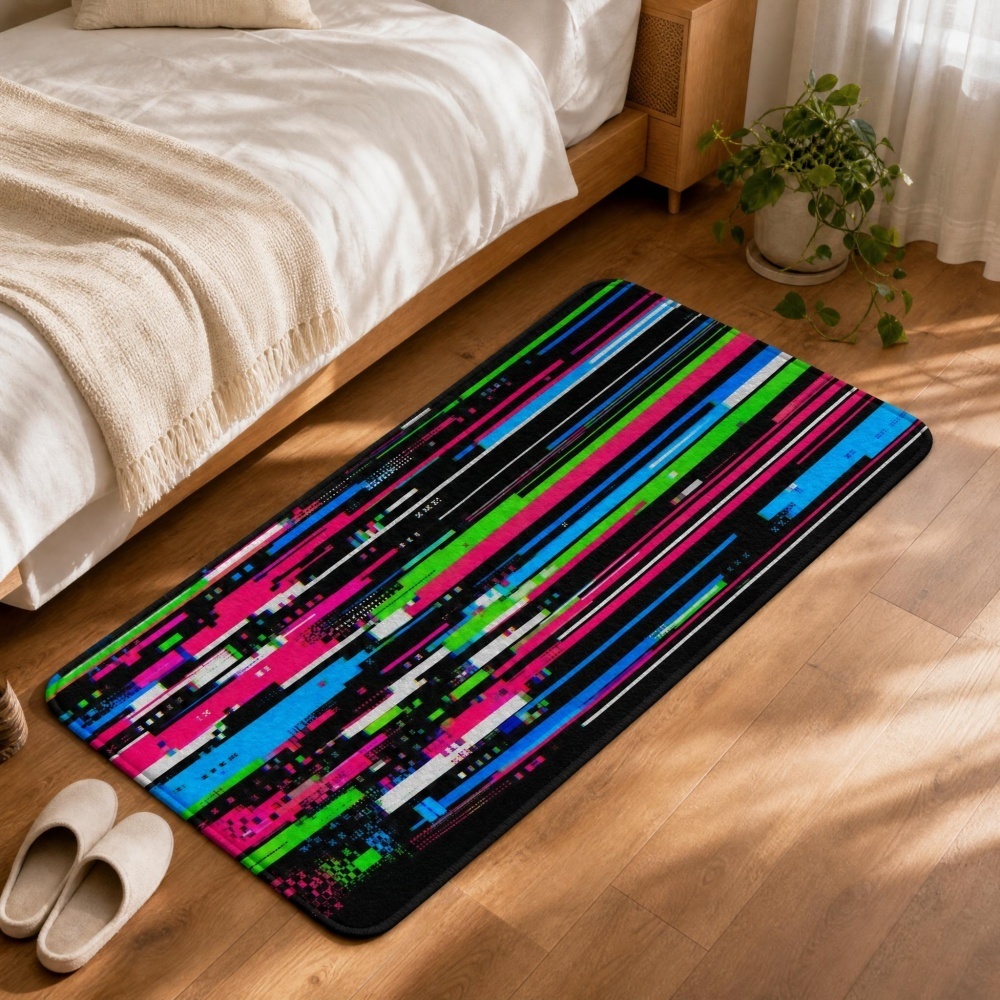 サイバーパンクグリッチカラフルな縦縞プリントフランネルランナ - Retro Gaming Rug のレビューと価格