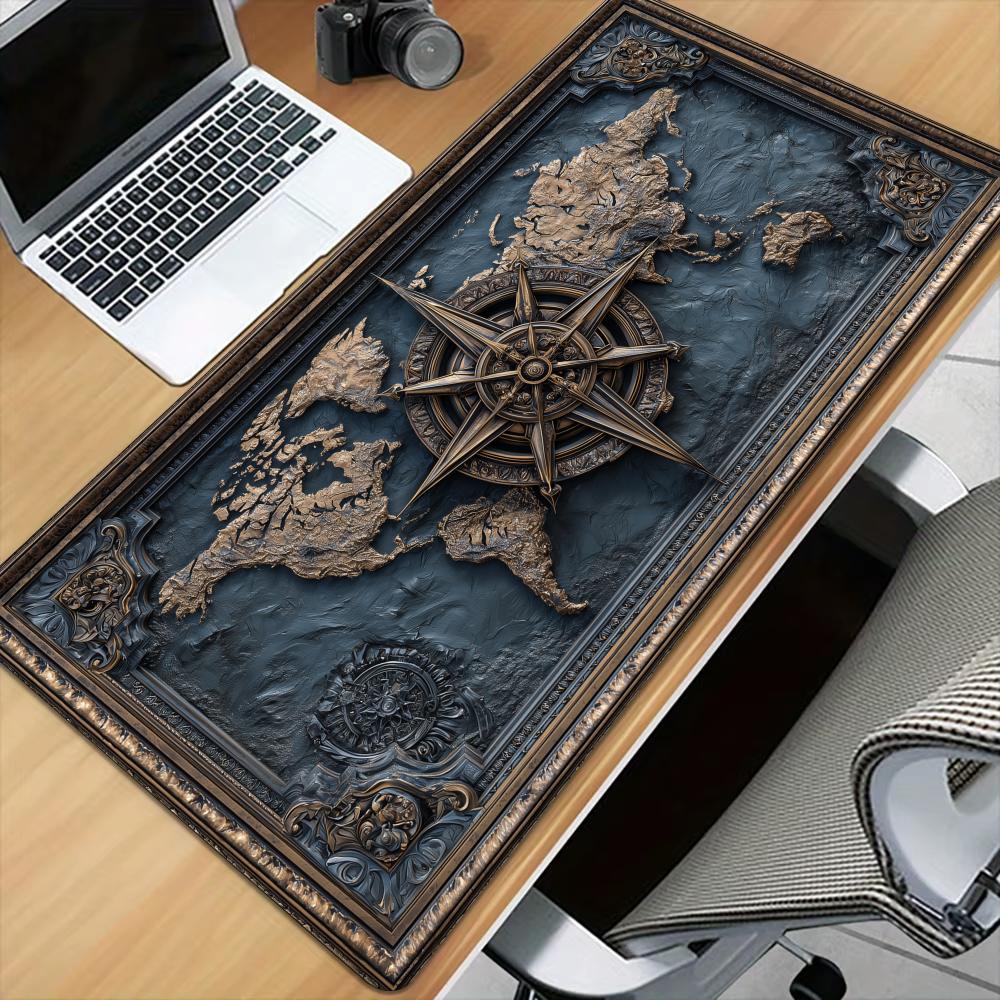 レトロなコンパスと地図柄のマウスパッド、縫い目のあるエッジ付 - Retro Gaming Rug のレビューと価格